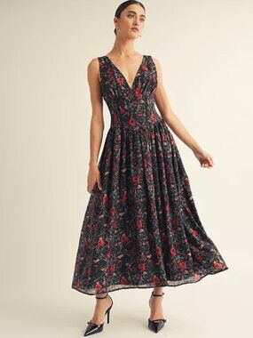 NWOT AROSE Studio Womens V-Neck Detailed Floral Printed Maxi Dress